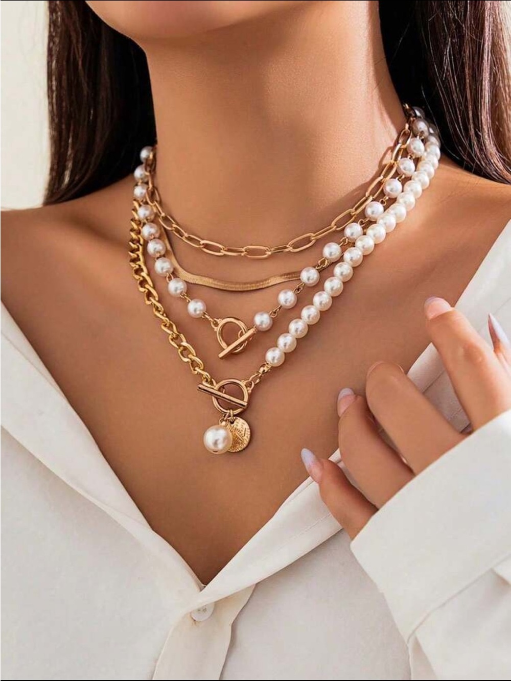 Gold Pearl Multi-Layer Toggle Necklace - Elegant Layered Women’s Jewelry